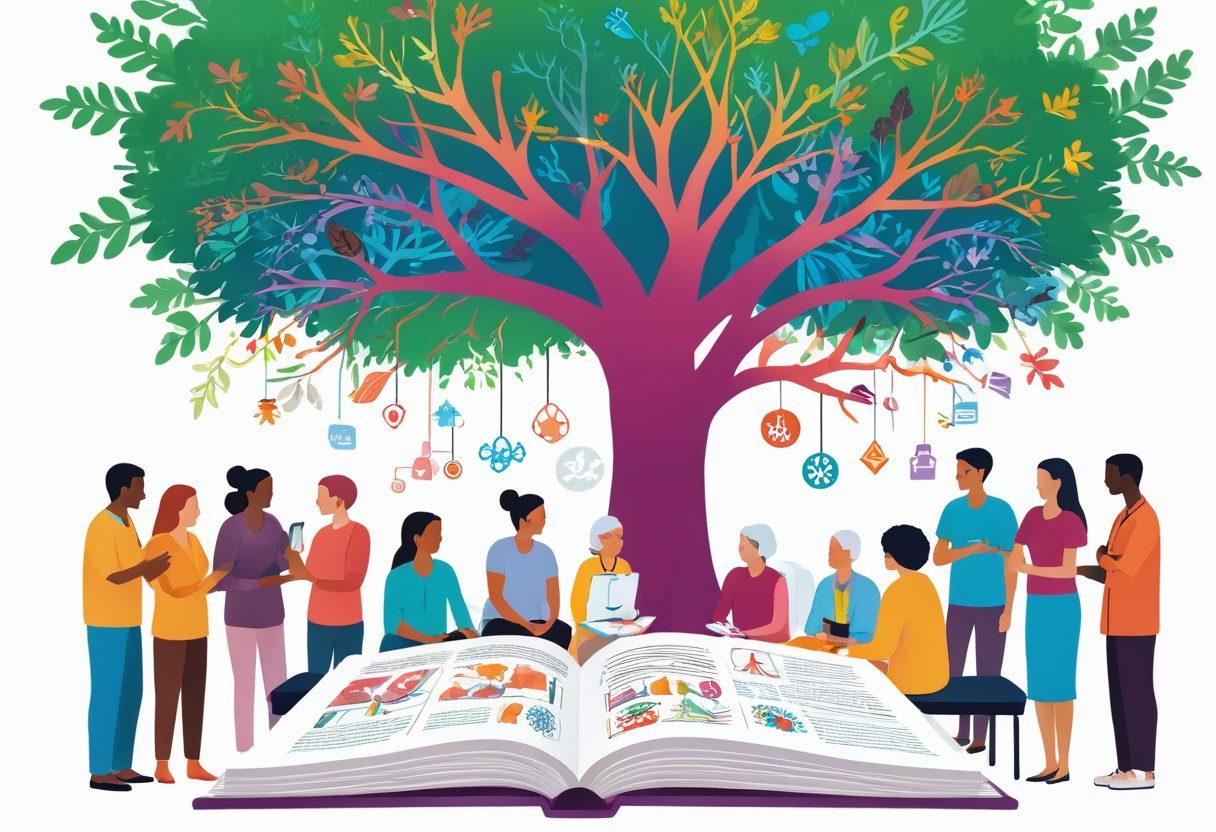 A vibrant and engaging illustration depicting a diverse group of patients and healthcare providers gathered around a large open book filled with colorful diagrams about cancer treatment. In the background, a tree of knowledge symbolizes growth and understanding, with branches representing different aspects of health literacy. The atmosphere is hopeful and empowering, promoting the importance of informed decisions in cancer care. super-realistic. vibrant colors. white background.