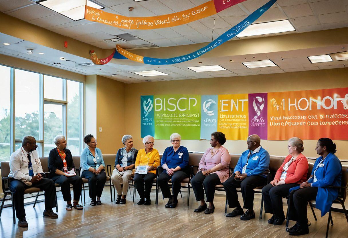 A powerful symbol of hope and resilience, featuring a diverse group of patients and caregivers engaged in a supportive discussion in a warm, welcoming space. Bright banners of awareness ribbons and informational pamphlets are present, creating an atmosphere of education and empowerment. Soft, natural lighting enhances their connection reflecting unity and strength in facing oncology challenges. super-realistic. vibrant colors. warm tones.